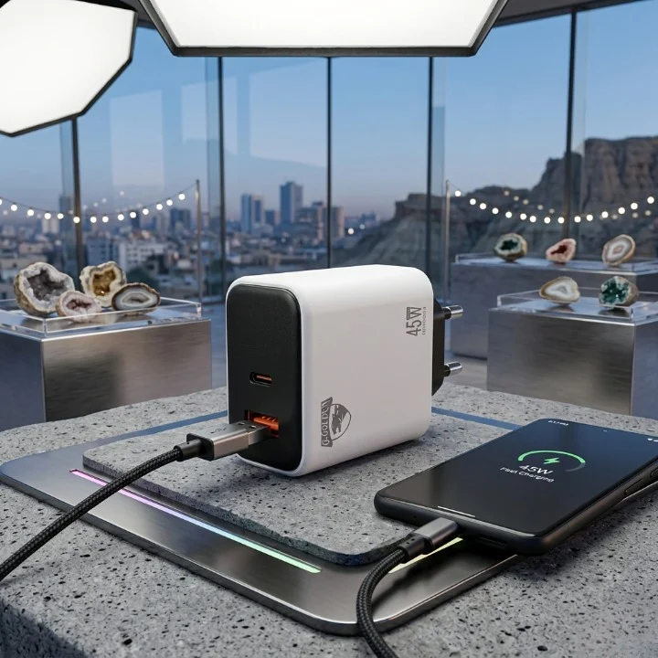 45W Multi Protocol Dual Port Travel Fast Charger Model GCH 20 With Integrated EU Europlug Type