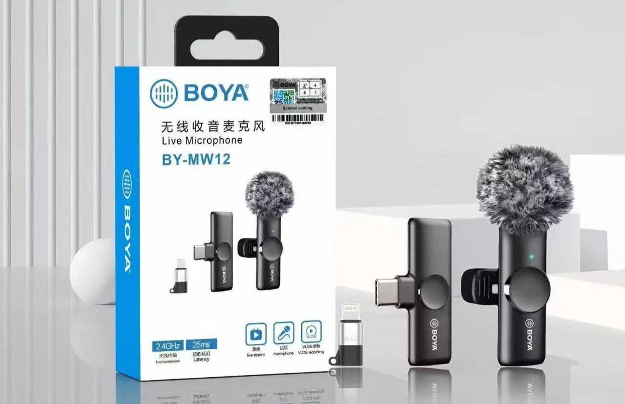 BOYA BY-MW12 Wireless Lavalier Microphone for iPhone, Android & DSLR | Type-C & Lightning | Noise