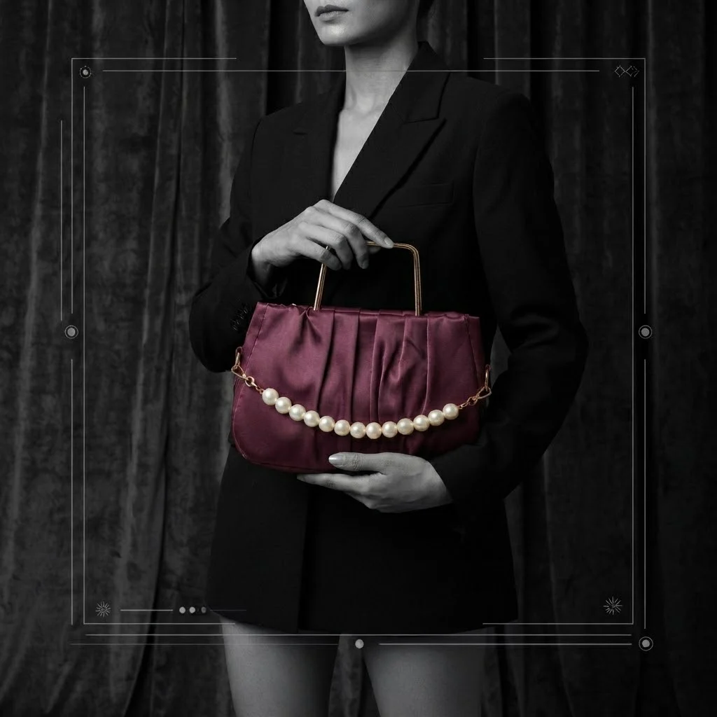 Elegant Pleated Maroon Handbag with Pearl Detail